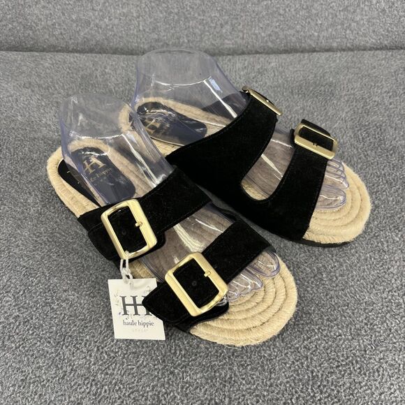 Haute Hippie Sandals Womens 7.5 black genuine suede espadrille slip on buckle - Picture 2 of 11